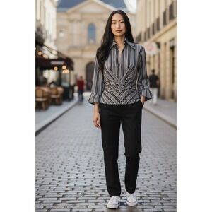 Finley‎ The Sydney Women's Striped Ruched Waist Blouse Black White Small Y2K